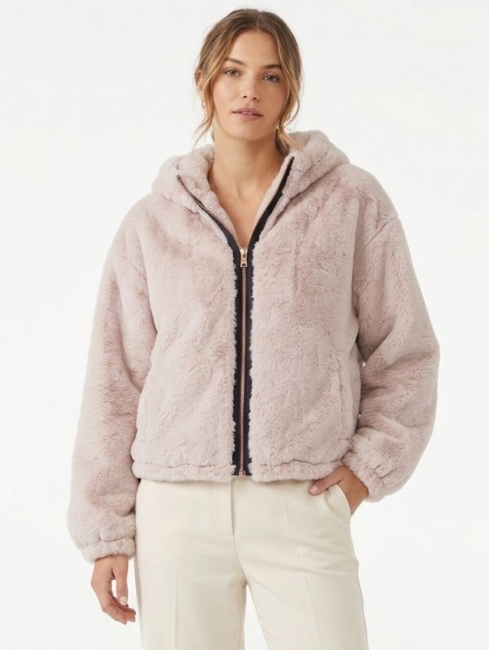 Lucky Brand Faux Fur Hooded Jacket Rose Gold Zip Blush Pink Medium